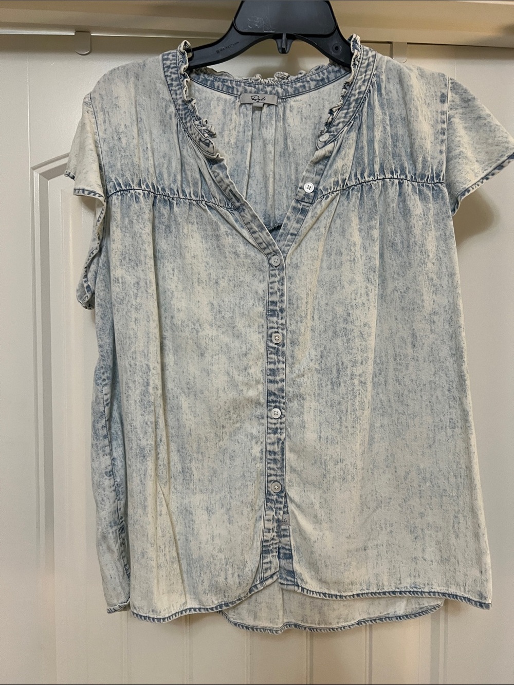 Rails Light Blue Washed Button-Front Ruffle Neck Top